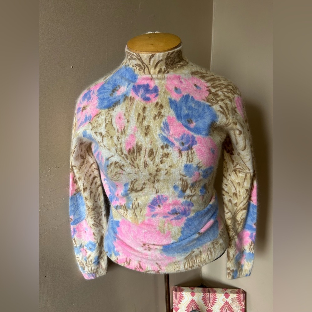 VTG Sears Pastel Floral Print Angora Wool Sweater Sz Medium